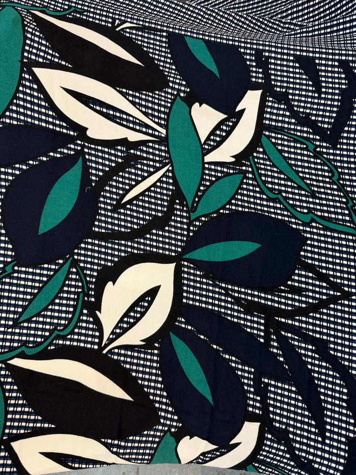 Plaid & Floral Textured Rayon Print - Black, Blue, White & Teal
