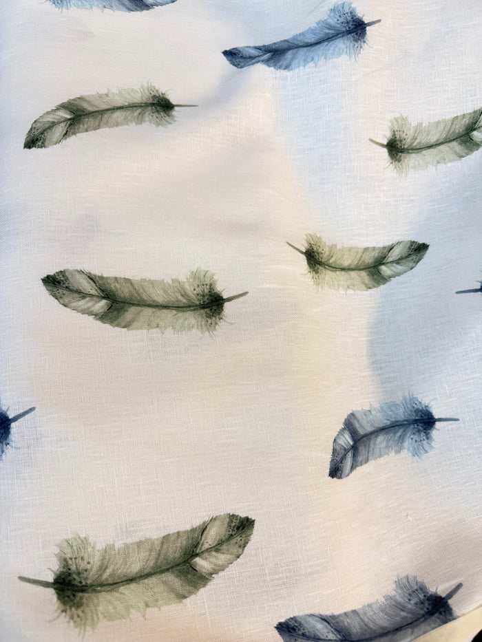 Printed Linen - Blue & Green Feathers