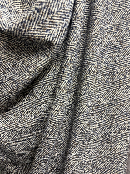 Heritage Label - Italian Designer Wool Boucle - Blue, Brown & White Herringbone