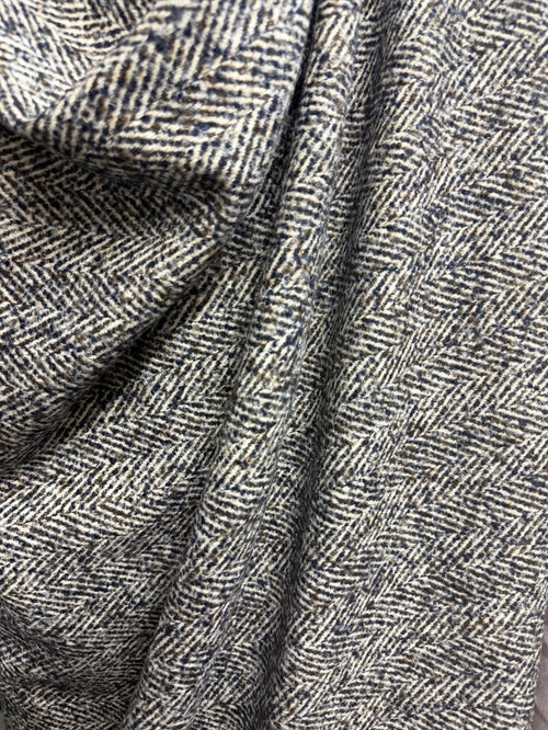 Heritage Label - Italian Designer Wool Boucle - Blue, Brown & White Herringbone