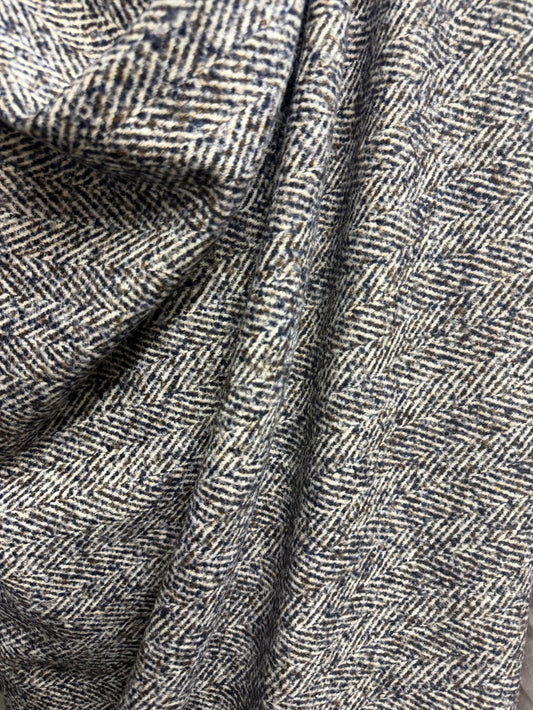 Heritage Label - Italian Designer Wool Boucle - Blue, Brown & White Herringbone
