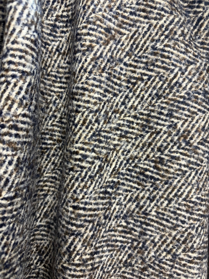 Heritage Label - Italian Designer Wool Boucle - Blue, Brown & White Herringbone