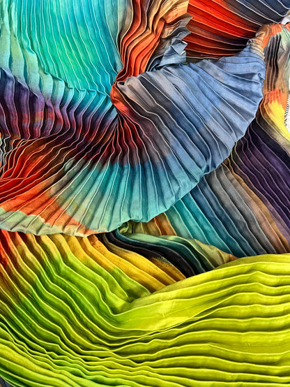 Abstract Print Pleated Poly - Teal, Orange & Green