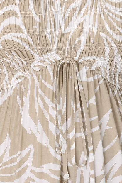 Jaden Midi Dress - Elasticated Bodice A-Line Dress in Jeani Print Beige