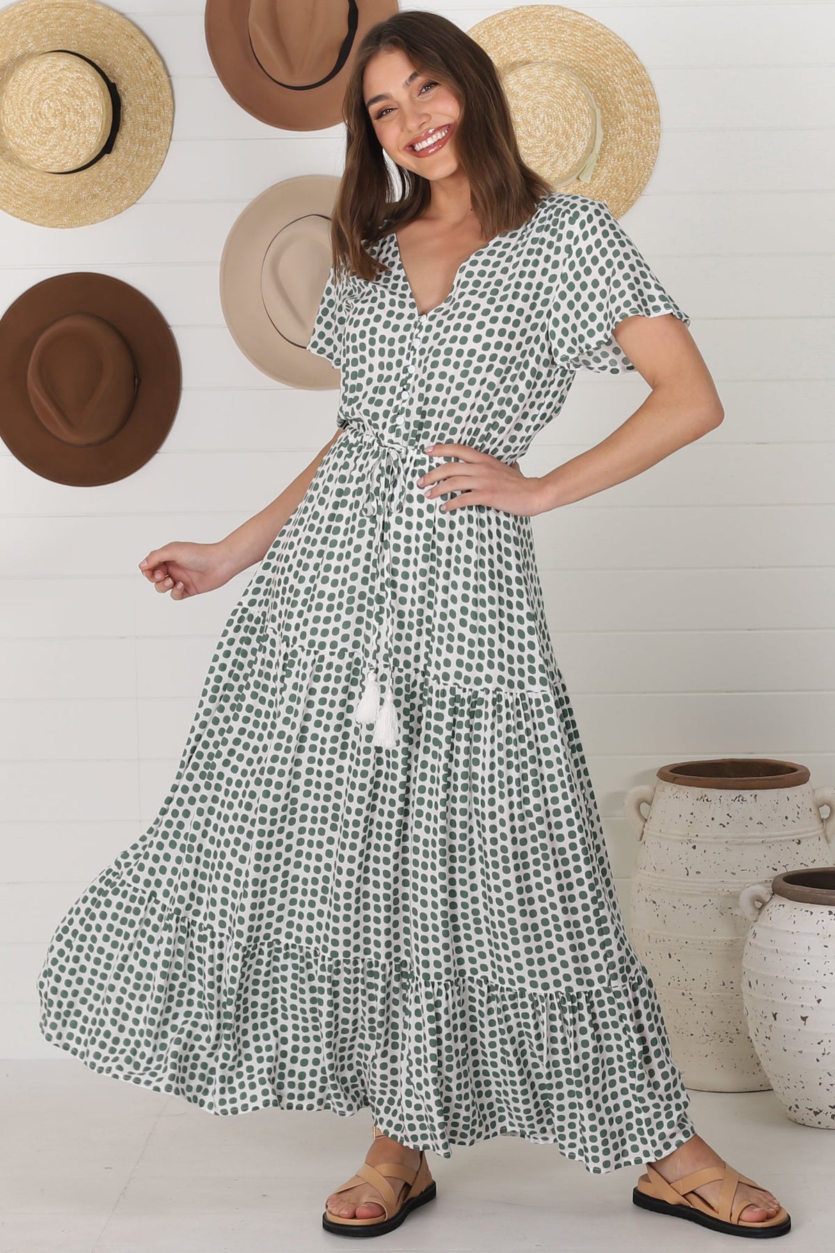 Derla Maxi Dress - V Neck Cap Sleeve Pull Tie Waist A Line Dress in Maryanne Print Green
