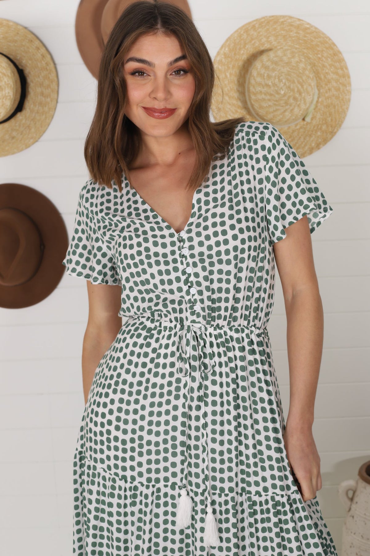 Derla Maxi Dress - V Neck Cap Sleeve Pull Tie Waist A Line Dress in Maryanne Print Green