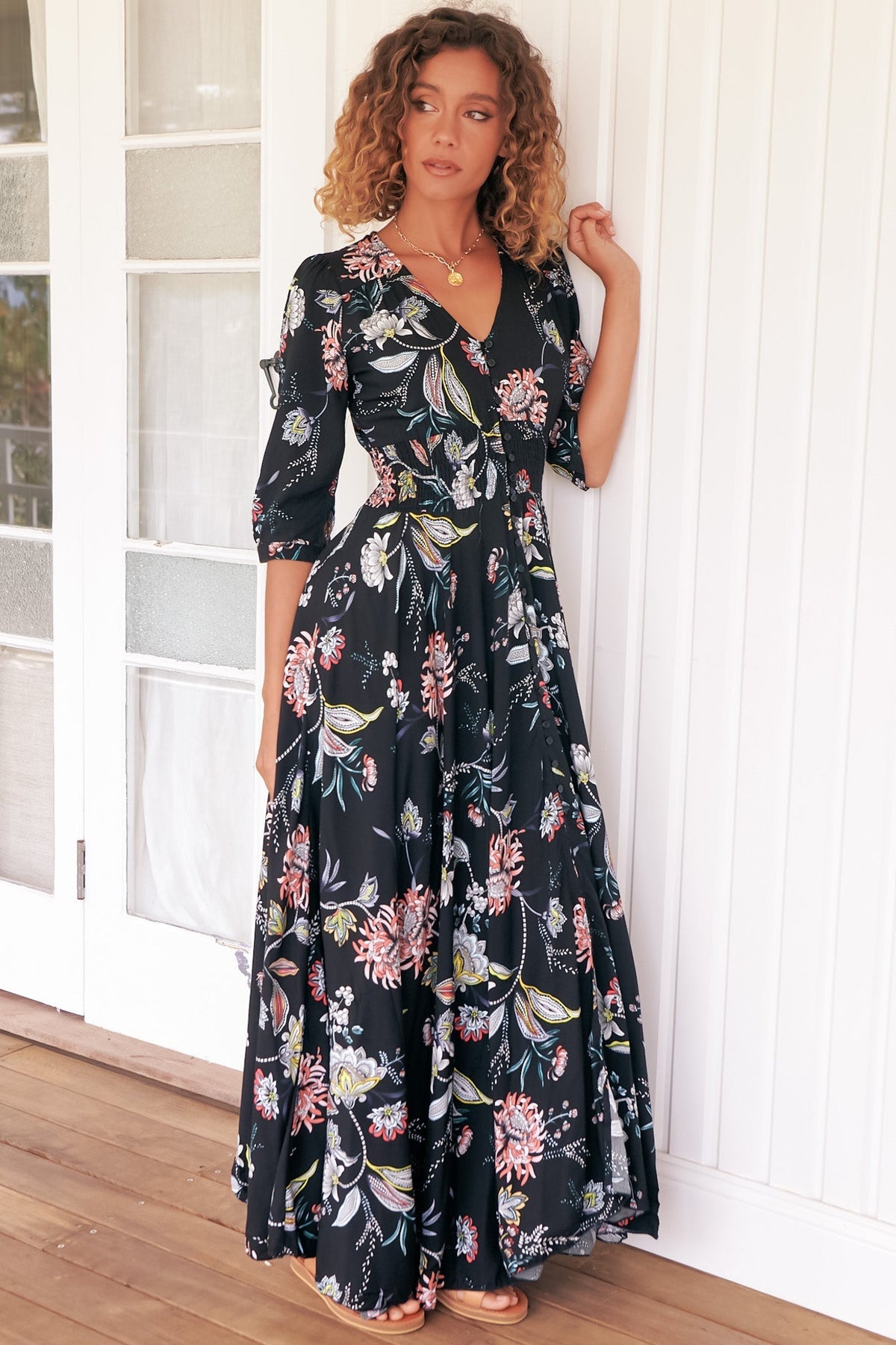 JAASE - Indiana Maxi Dress: Lace Back Shirred Waist A Line Dress with Handkerchief Hemline in Under The Stars Print