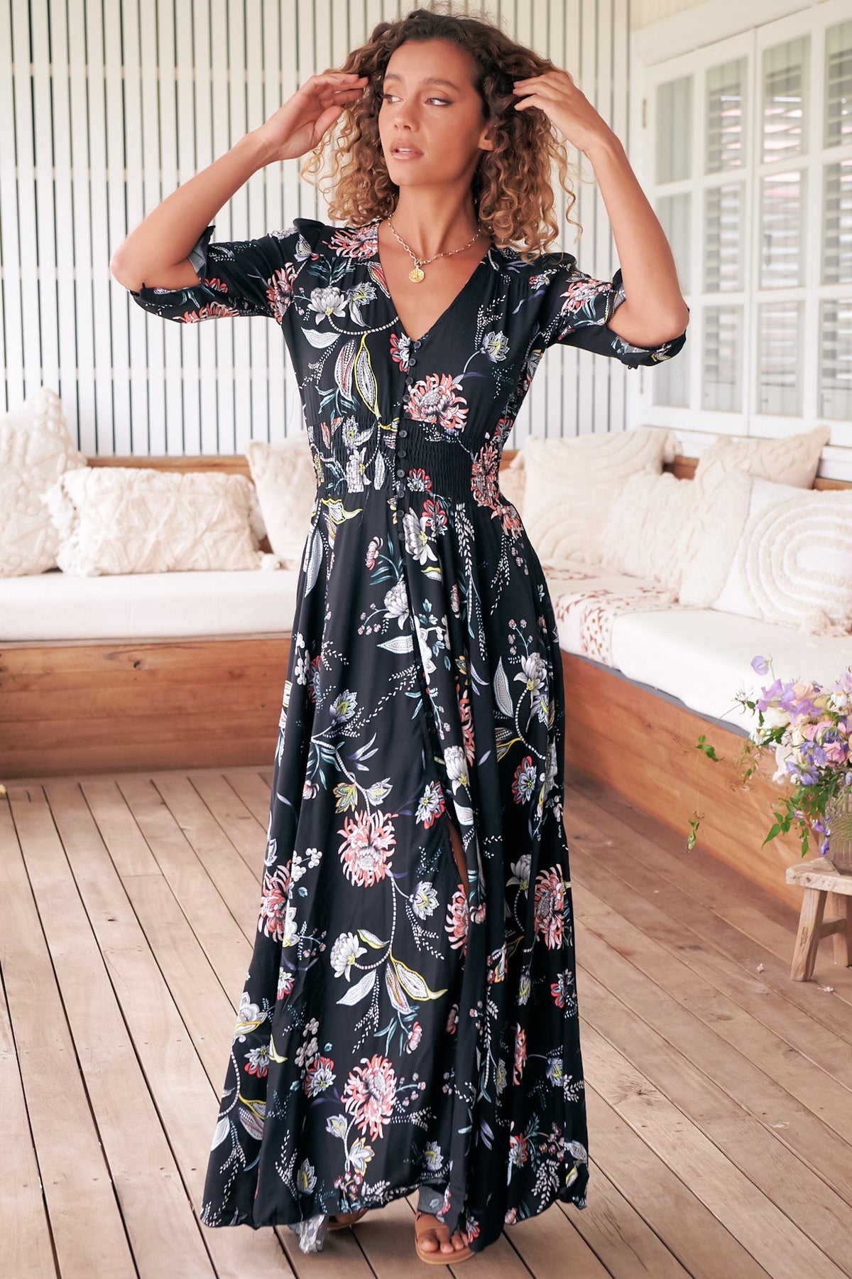 JAASE - Indiana Maxi Dress: Lace Back Shirred Waist A Line Dress with Handkerchief Hemline in Under The Stars Print