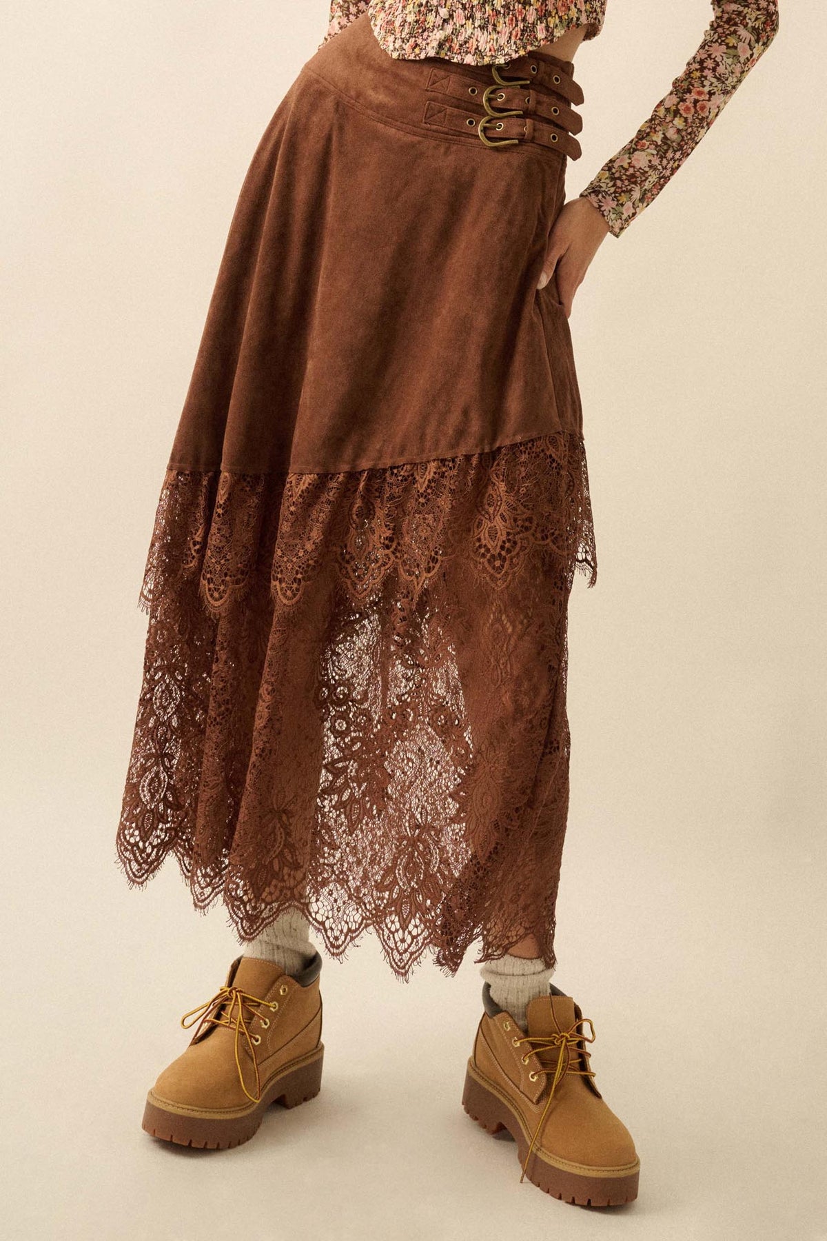 Angelic Touch Vegan Suede and Lace Maxi Skirt