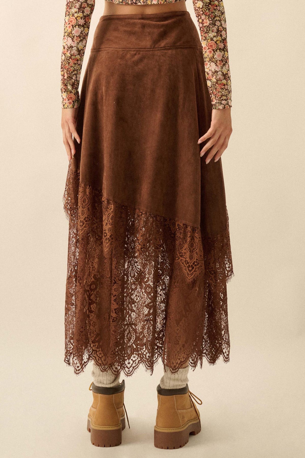 Angelic Touch Vegan Suede and Lace Maxi Skirt