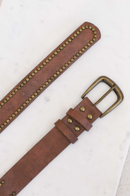 Jace PU Leather Gold Buckle Studded Belt - Brown