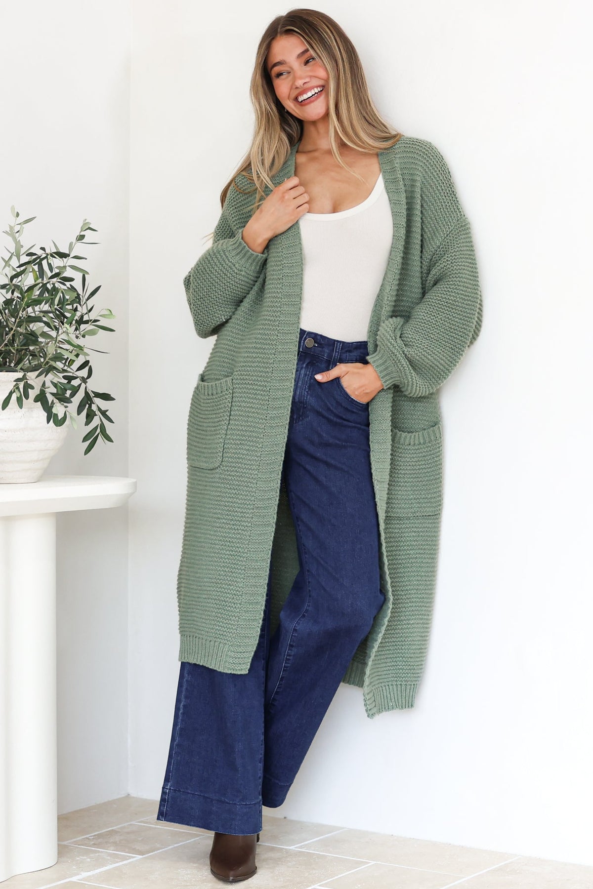 Jacky Cardigan - Ribbed Longline Knit with Balloon Sleeves and Pockets in Sage