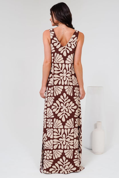 Janeen Maxi Dress - A-Line Sleeveless Dress with Side Splits in Lunie Print Chocolate