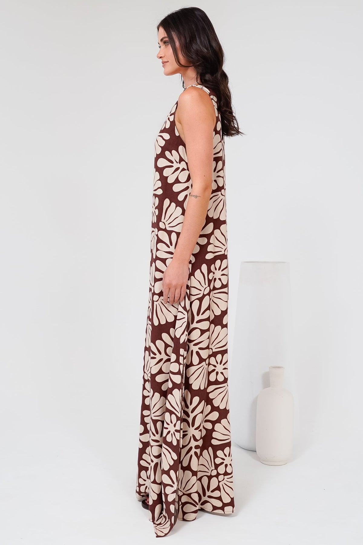 Janeen Maxi Dress - A-Line Sleeveless Dress with Side Splits in Lunie Print Chocolate