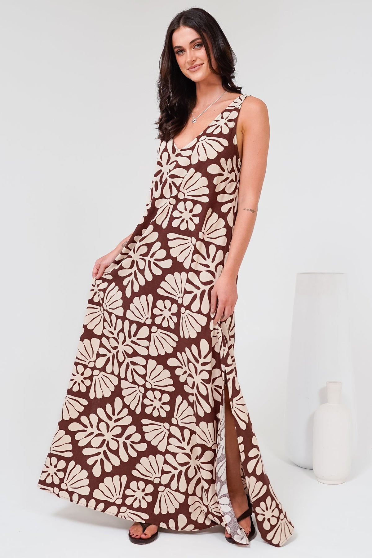Janeen Maxi Dress - A-Line Sleeveless Dress with Side Splits in Lunie Print Chocolate