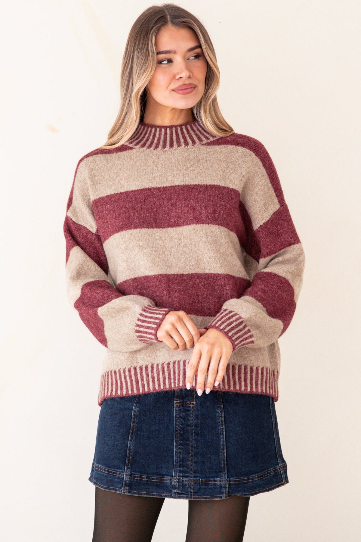 Janie Jumper - Mock Neck Striped Jumper with Contrast Stripe Hemlines in Mauve