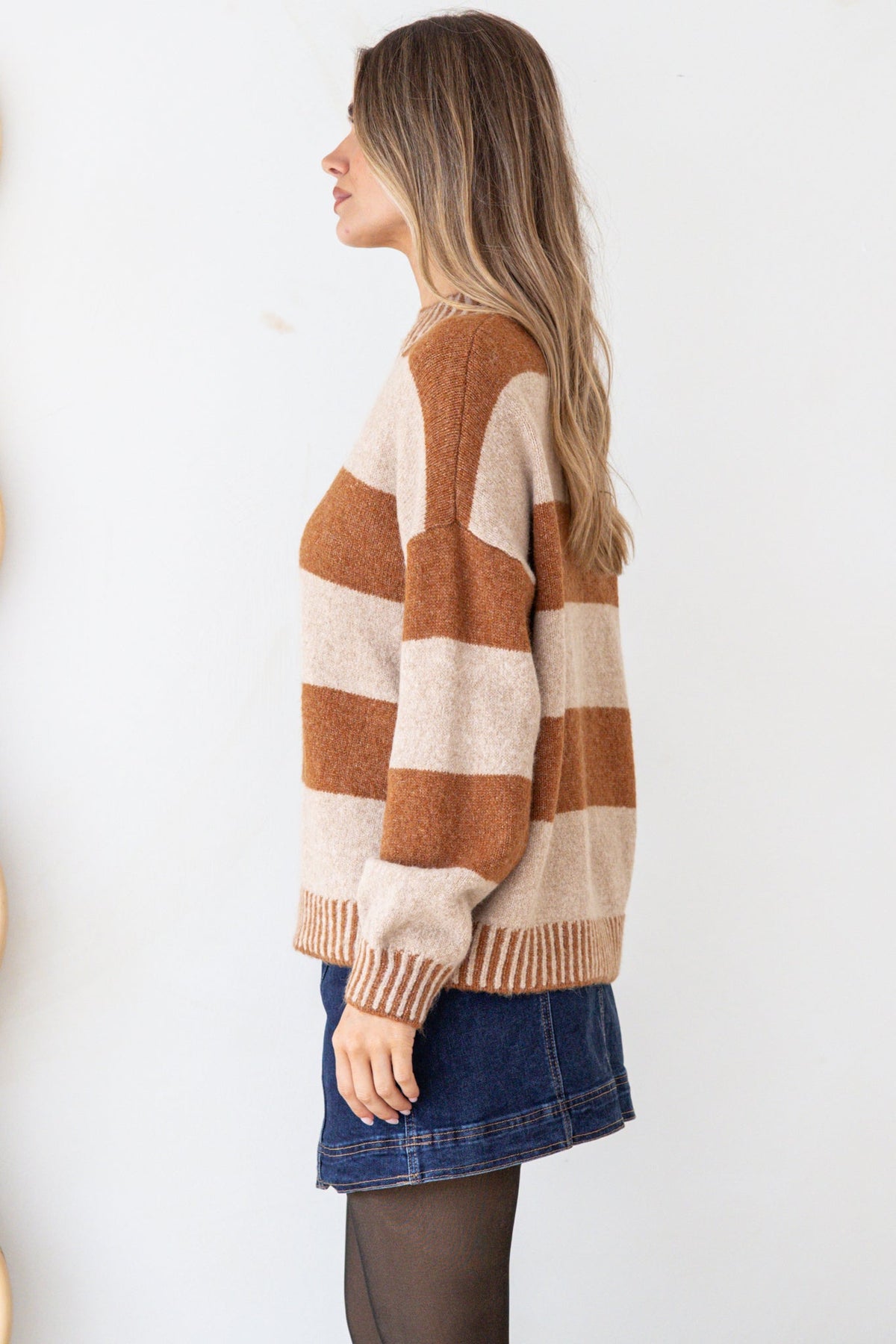 Janie Jumper - Mock Neck Striped Jumper with Contrast Stripe Hemlines in Mocha