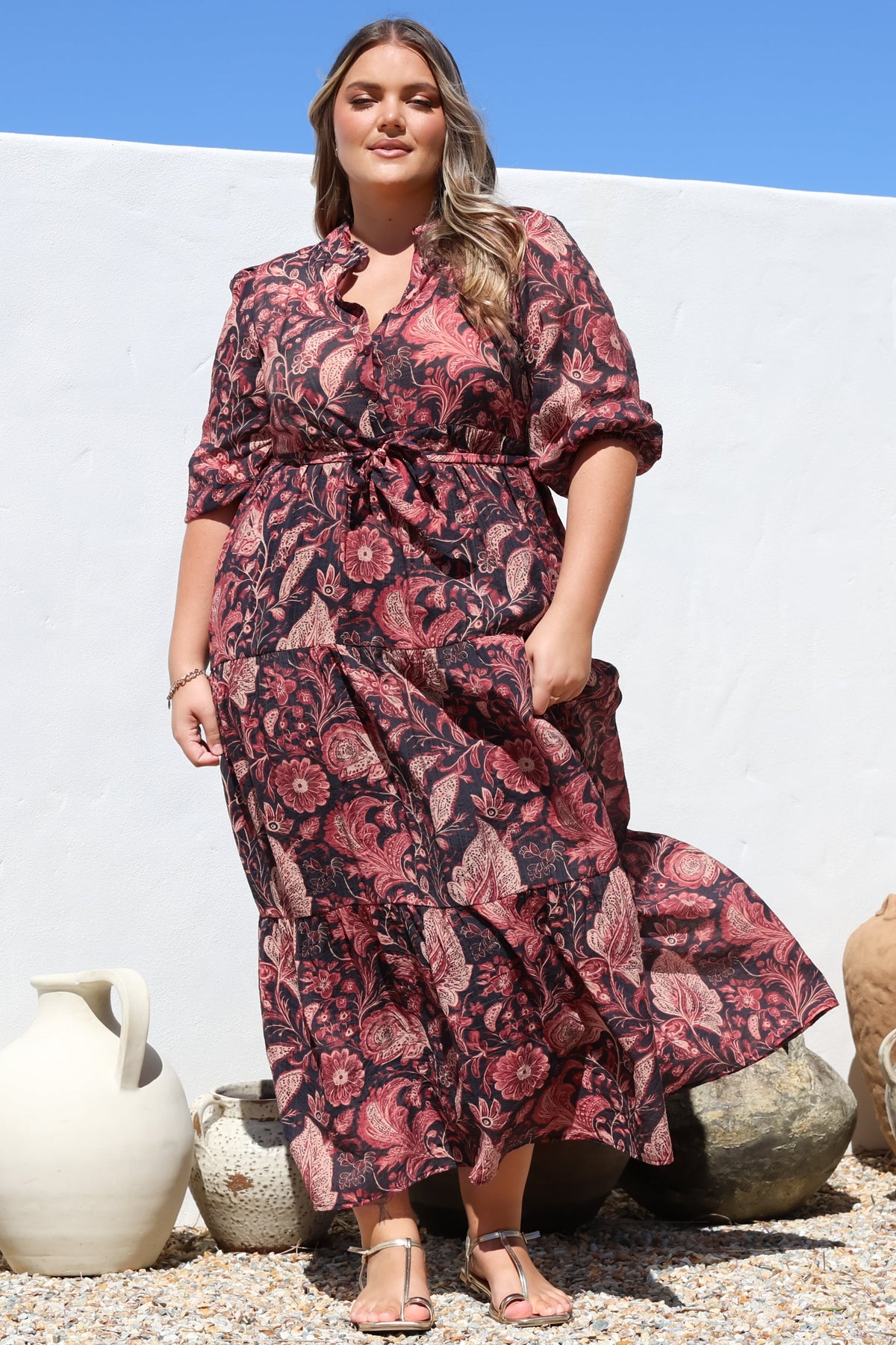 Jenni Maxi Dress - Frill Collar 3/4 Sleeve Dress with Waist Tie in Narah Print