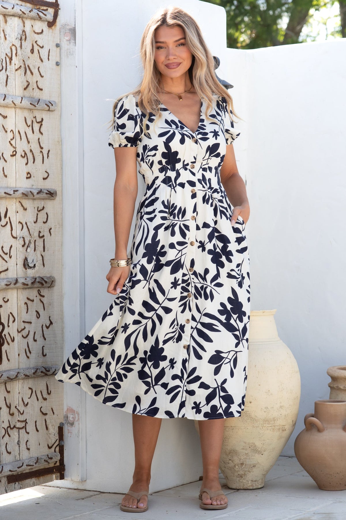 Jillie Midi Dress - V Neck Button Down Dress with Pockets in Avaria Print