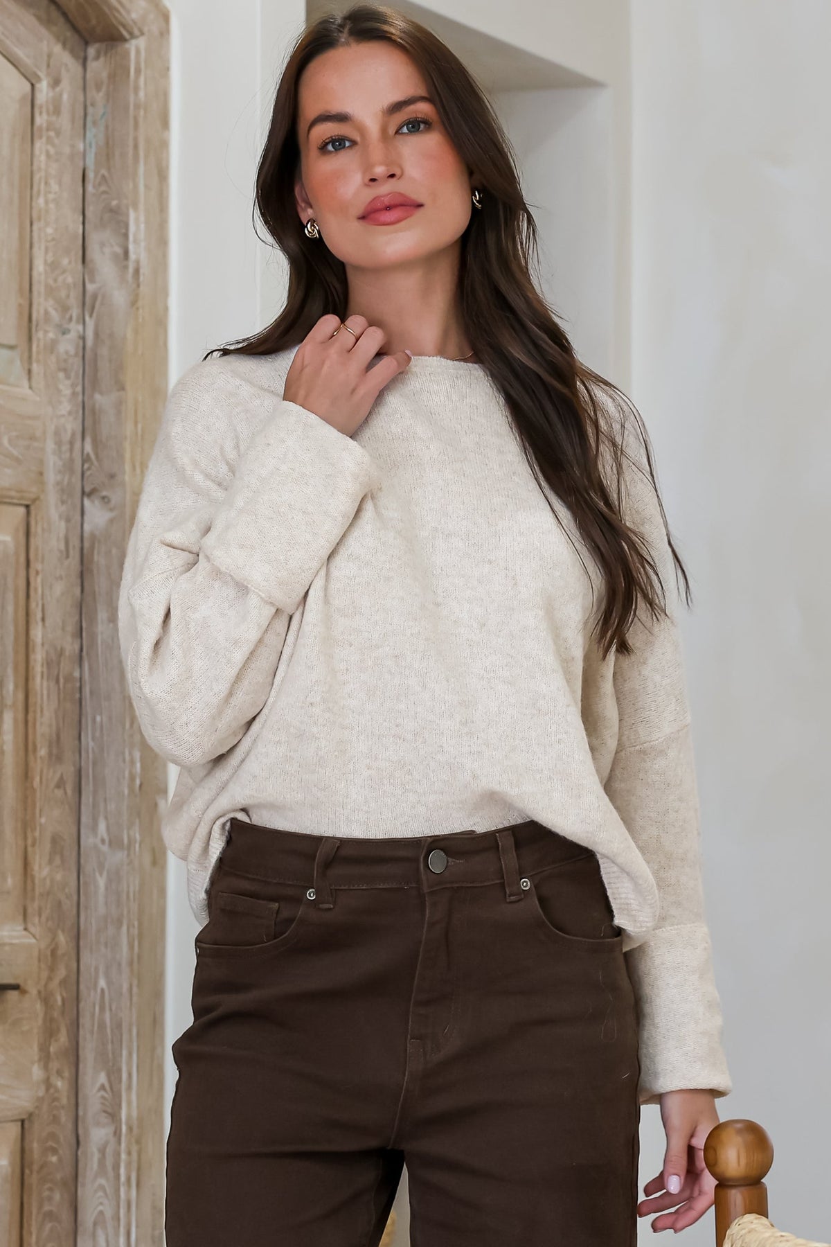 Joanne Knit Top - Crew Neckline Bat Wing Long Sleeve Top in Oatmeal