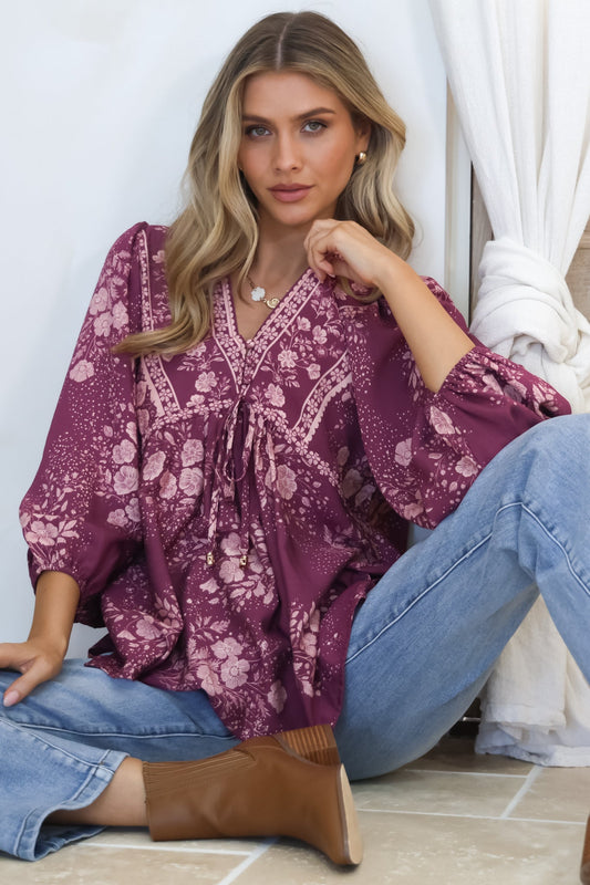 Joelle Top - V Neck High-Low Top in Briella Print in Berry