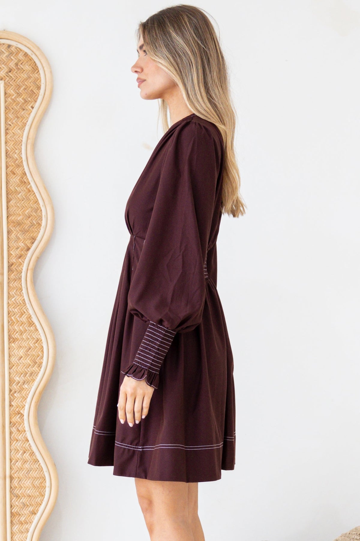 Karey Mini Dress - Fit and Flare Contrasr Stitching Dress in Wine
