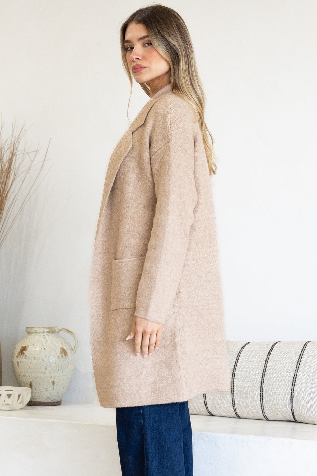 Keagan Cardigan - Folded Lapel Collar Coatigan with Pockets in Camel