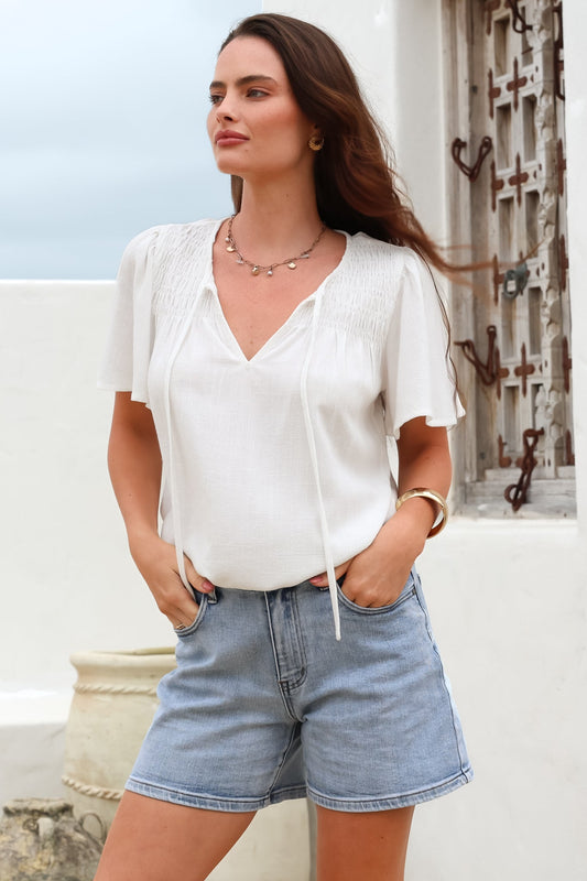 Kendra Top - V Neck Short Sleeve Top with Necktie in White