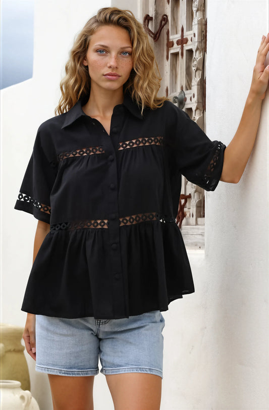 Leyana Shirt - Collared Cut Out Insert Button Down in Black