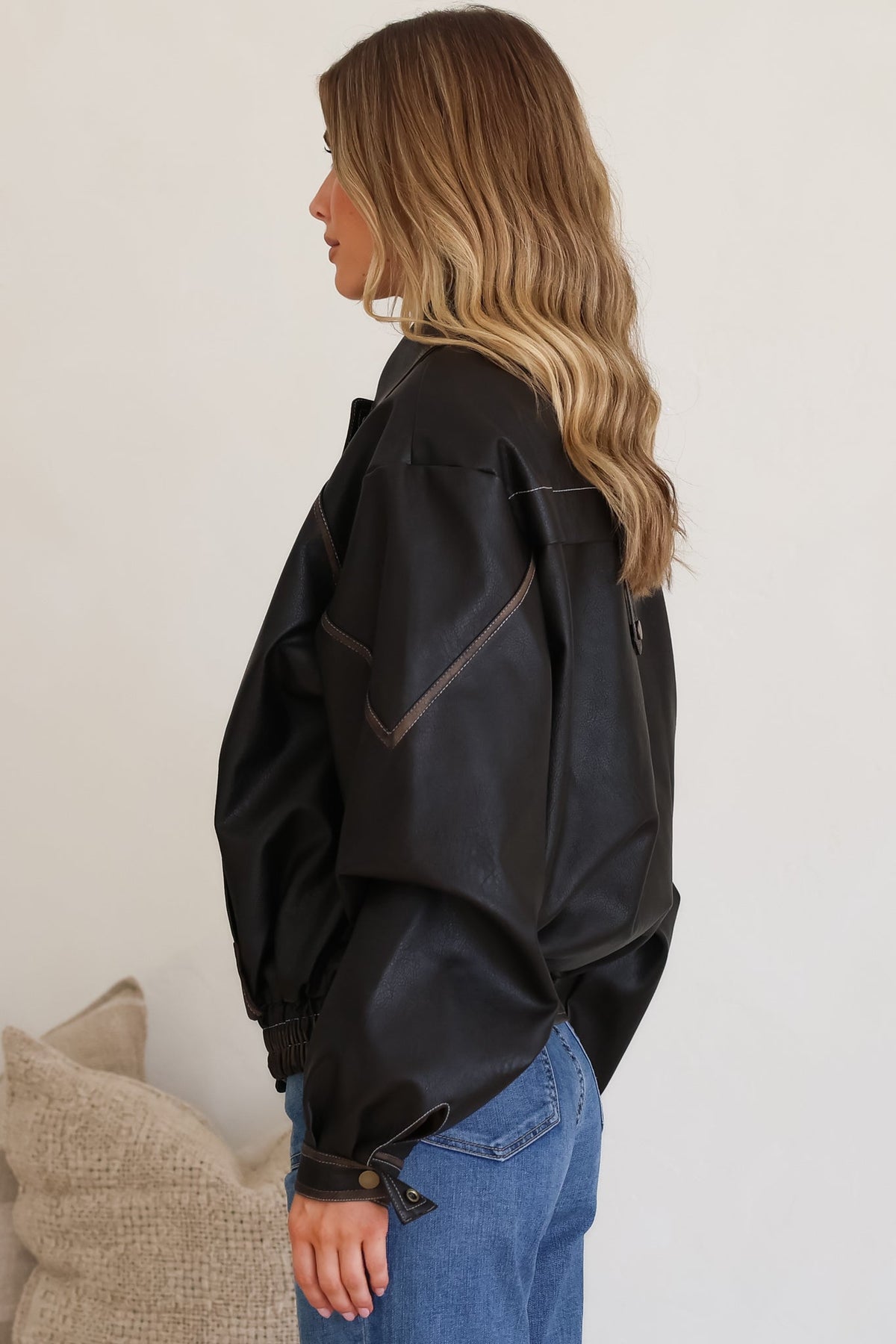 Liano Jacket - Notched Collar PU Leather Constrast Stitch Utility-Style Jacket in Brown