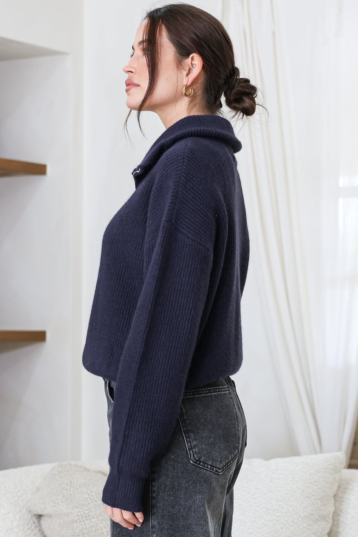 Logan Cardigan - Zipper Front Ribbed Knit with Wing Collar in Navy