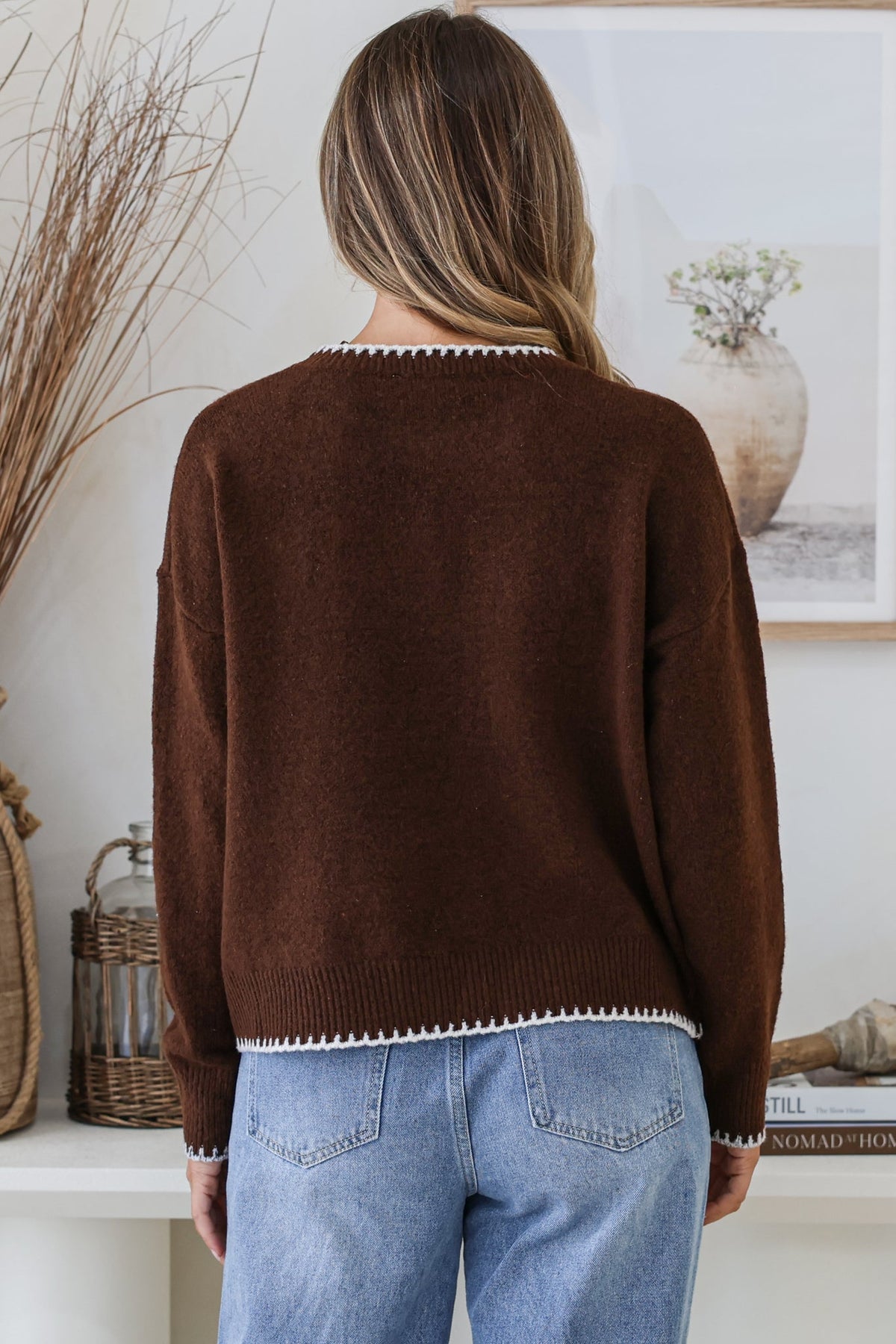 Loretta Jumper - Crew Neck Cowgirl Motif Knit in Chocolate