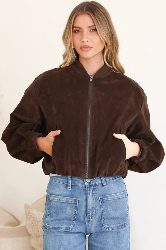 Lowry Jacket - Faux Suede Bomber Jacket with Pockets in Brown