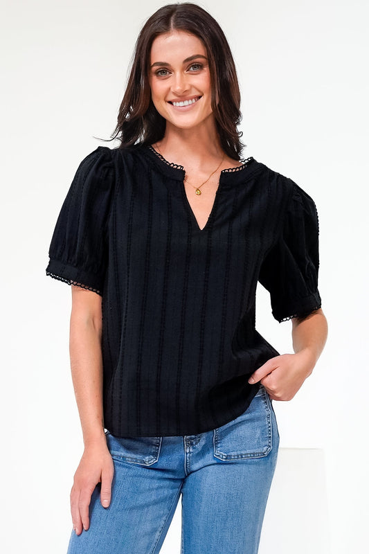 Loyalty Top - Textured V-Neck Split Collar Top with Puff Sleeves and Scallop Trims in Black