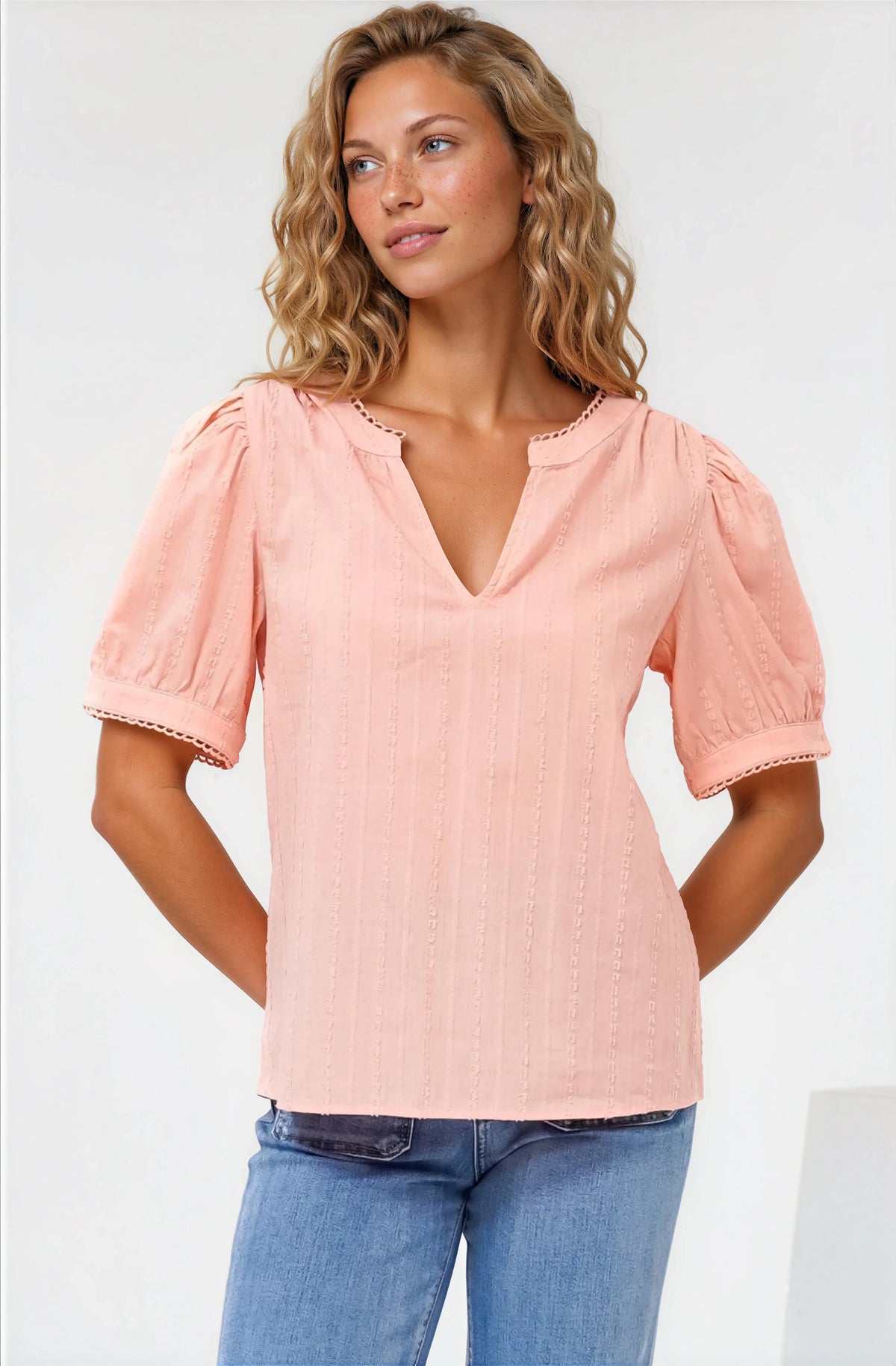 Loyalty Top - Textured V-Neck Split Collar Top with Puff Sleeves and Scallop Trims in Peach