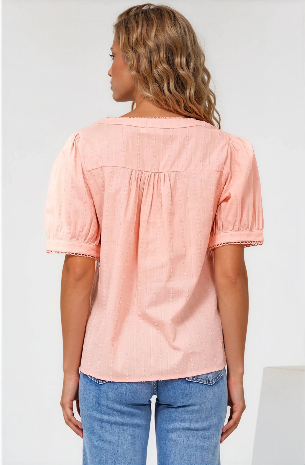 Loyalty Top - Textured V-Neck Split Collar Top with Puff Sleeves and Scallop Trims in Peach