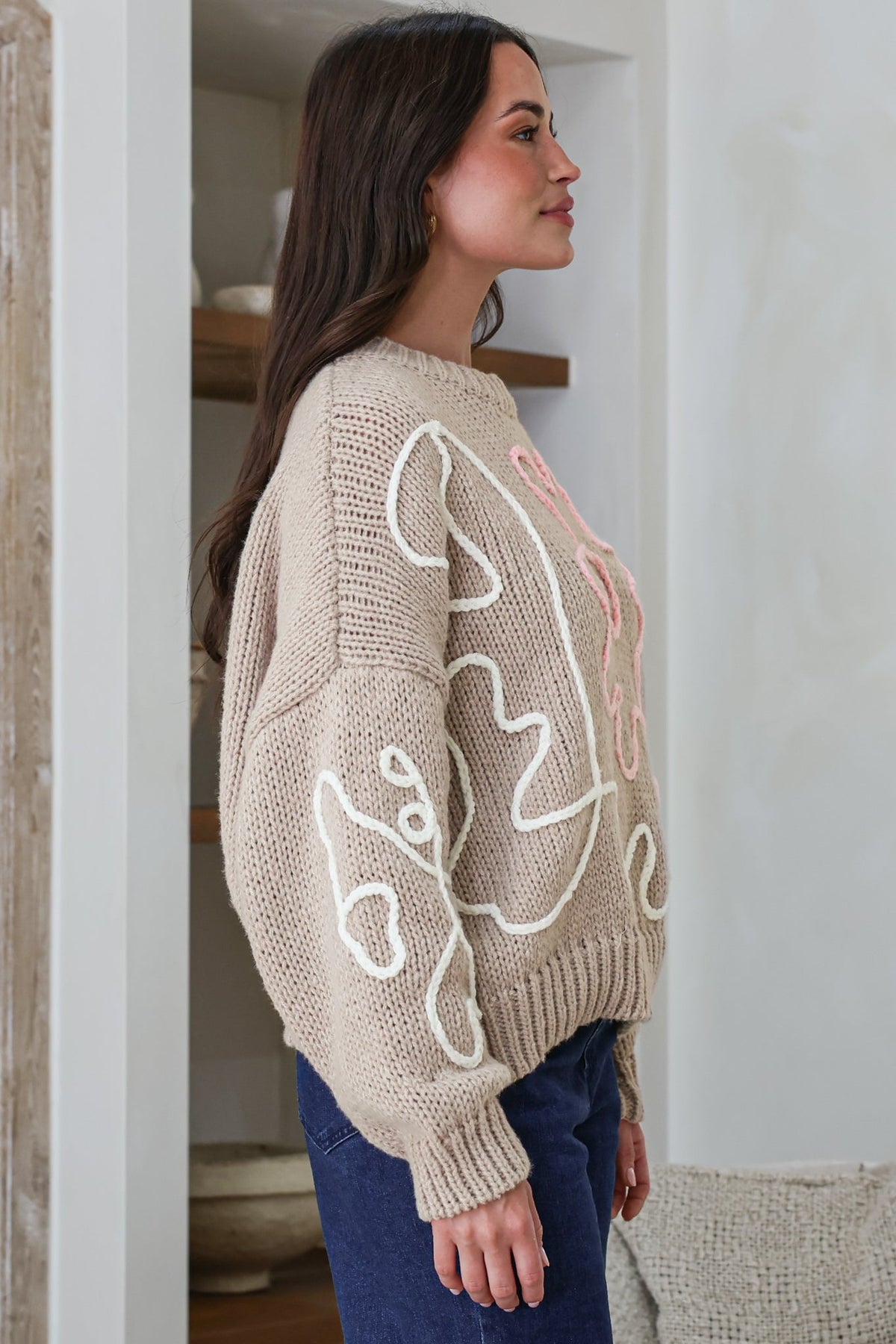Lulu Jumper - Crew Neck Abstract Floral Motif Knit with Balloon Sleeves in Taupe