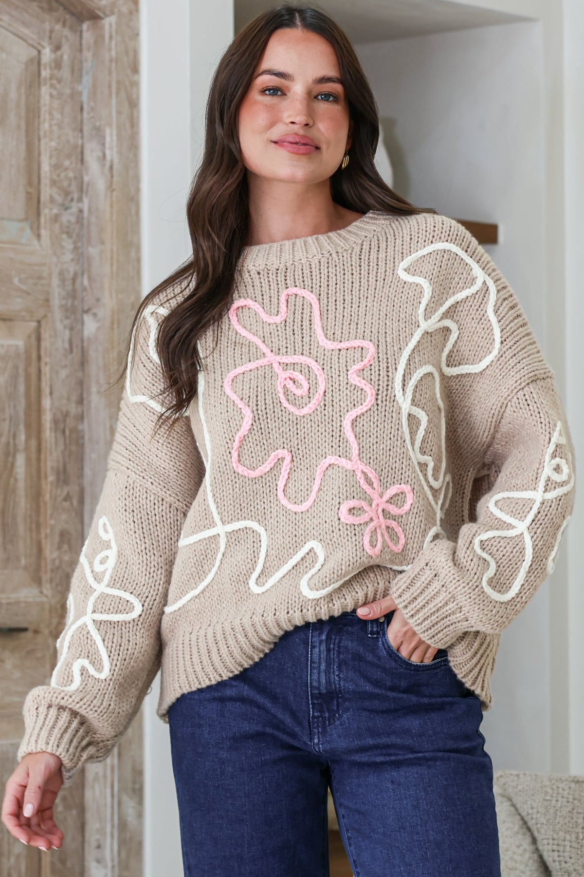Lulu Jumper - Crew Neck Abstract Floral Motif Knit with Balloon Sleeves in Taupe