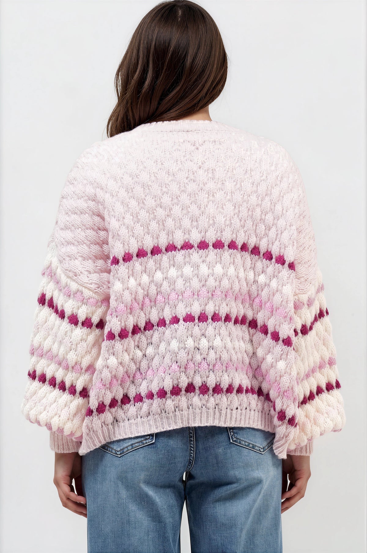 Lyla Cardigan - V Neck Button Front Bubble Knit with Contrast Stripes in Pink