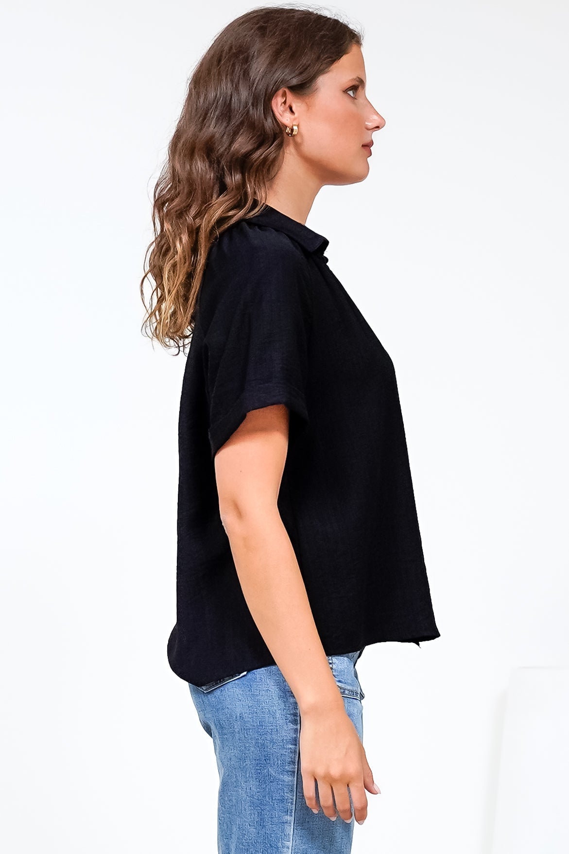 Madge Blouse - Collared Button Down with Short Sleeves in Black