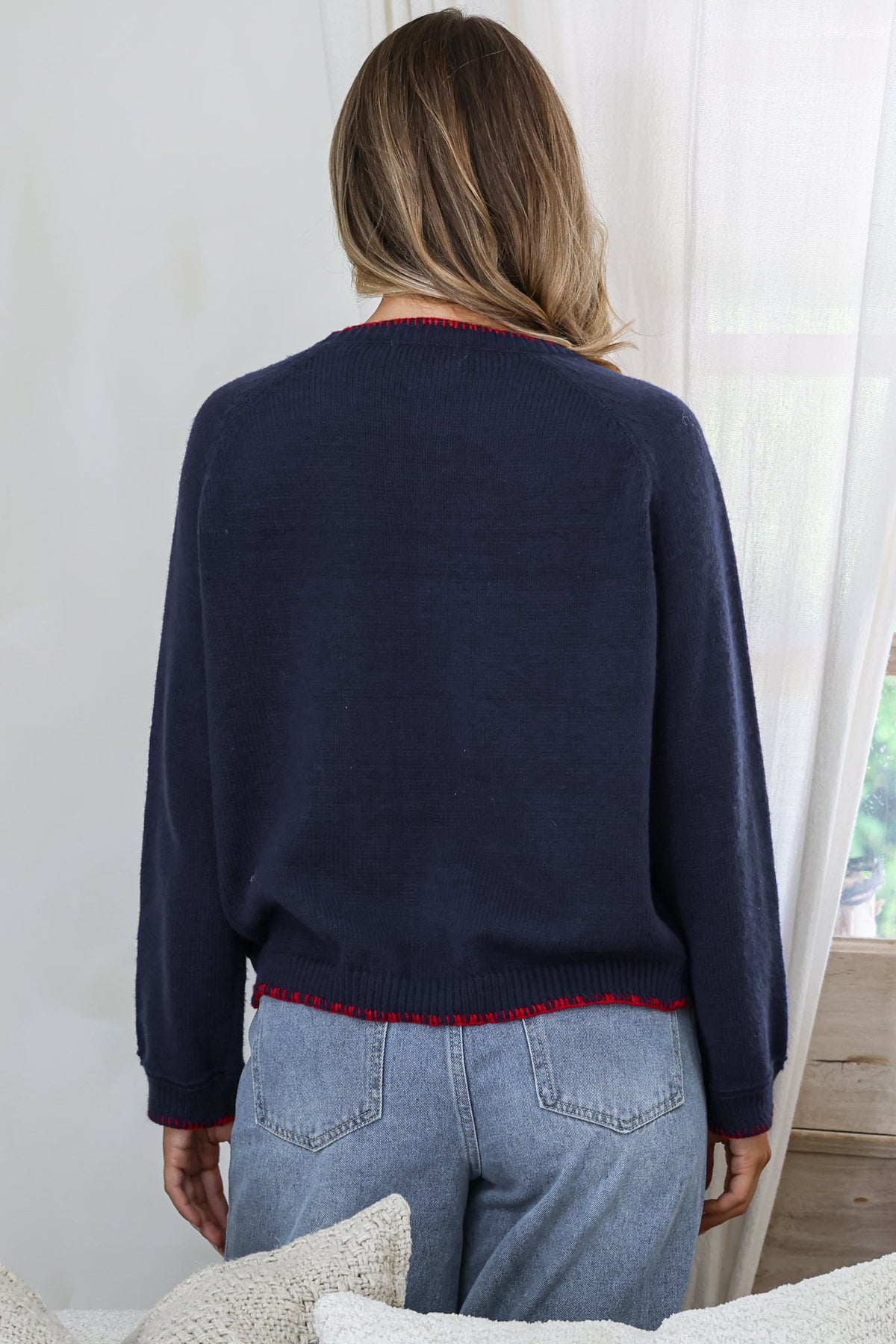 Maine Jumper - Contrast Stitch Crew Neck Knit with Embroidered Lobster Motif in Navy