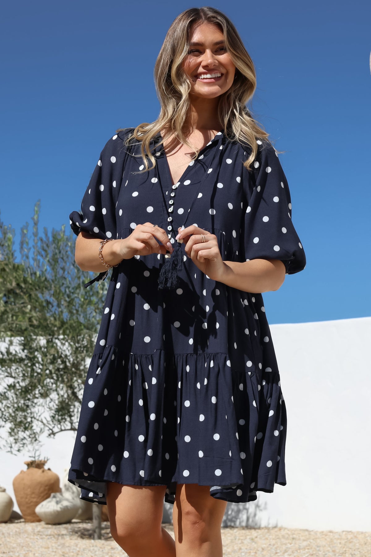 Marah Mini Dress - Mandarin Collar Short Sleeve with Tie Smock Dress in Parisian Polka Navy