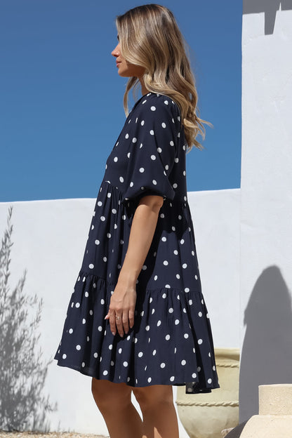 Marah Mini Dress - Mandarin Collar Short Sleeve with Tie Smock Dress in Parisian Polka Navy