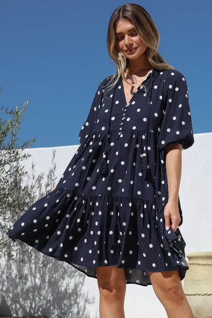 Marah Mini Dress - Mandarin Collar Short Sleeve with Tie Smock Dress in Parisian Polka Navy