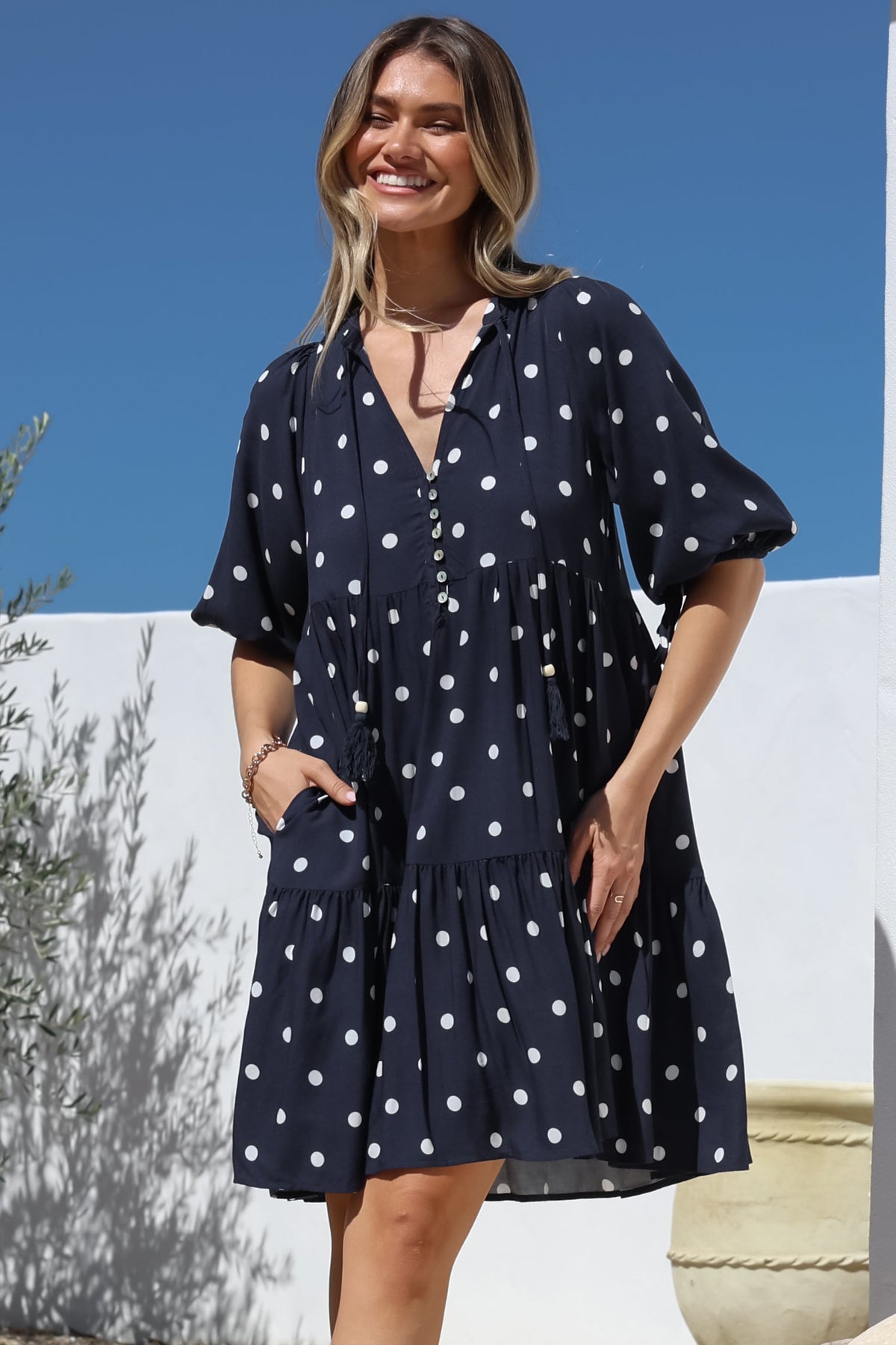 Marah Mini Dress - Mandarin Collar Short Sleeve with Tie Smock Dress in Parisian Polka Navy