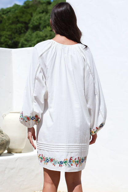 Margerie Long Sleeve Mini Dress - V-Neck Multicoloured Floral Embroidered Shift Dress in White