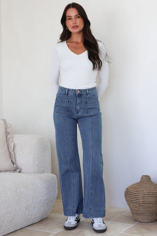 Marsha Jeans - High Waisted Wide Leg Jean with Front Seam Detail in Mid Denim Wash