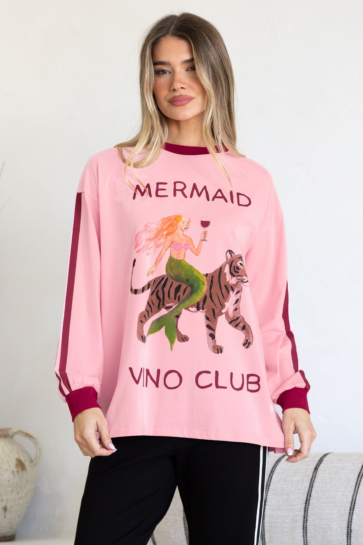 Mermaid Vino Long Sleeve Tee - Crew Neck Contrast Stripe Graphic T-Shirt in Pink