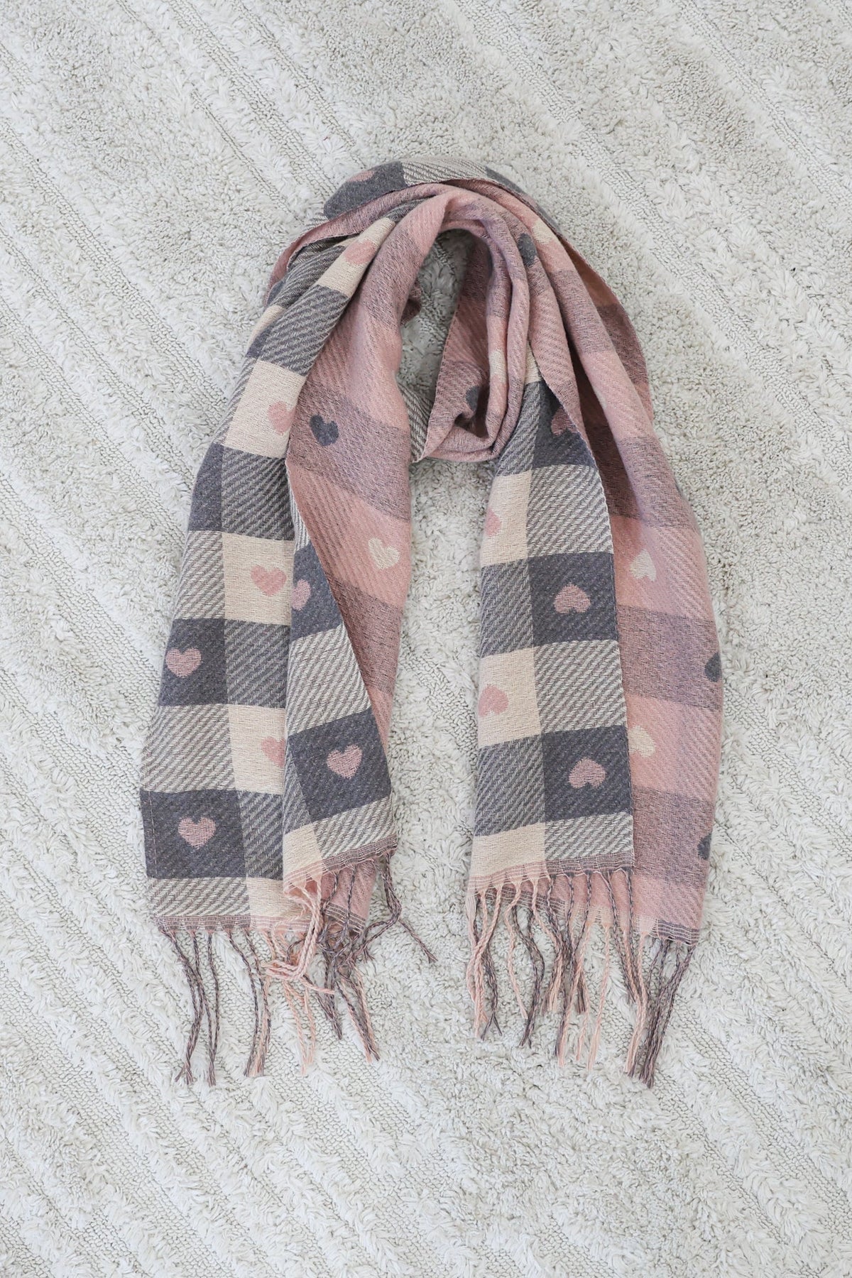 Minka Scarf - Soft Cozy Wrap Scarf with Heart and Check Print in Pink
