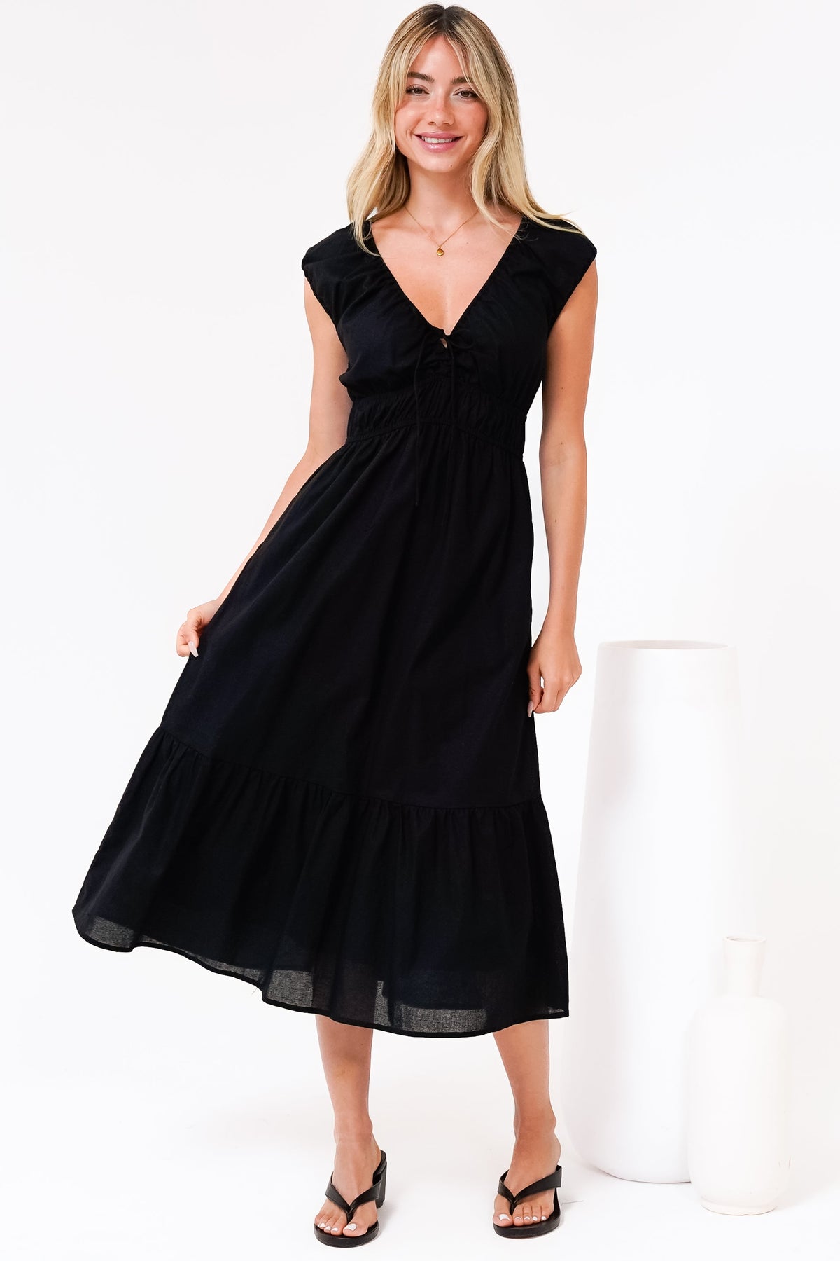 Miramar Midi Dress - V-Neck Gathered Bust Cap Sleeve Dress with Pockets in Black